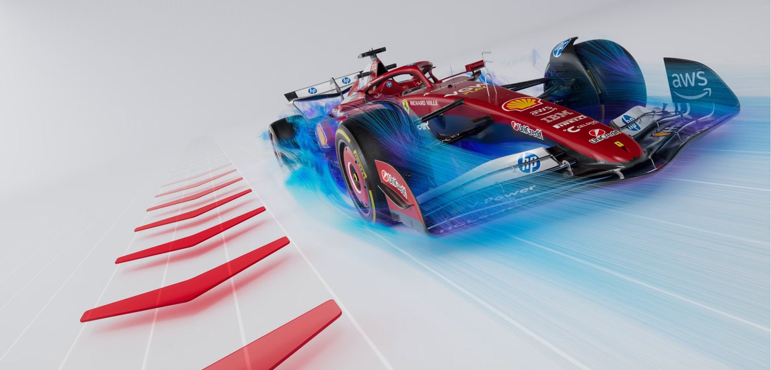 F1 race car speeding on a track with motion blur and red barriers, showcasing high performance and aerodynamic design.