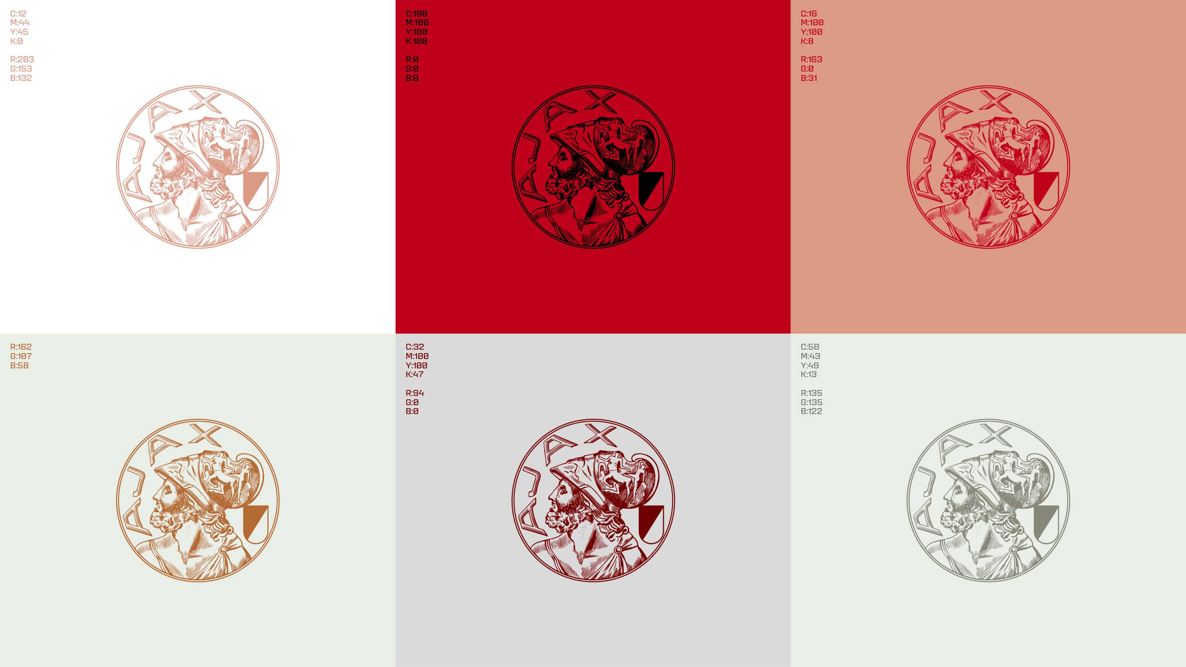AFC-Ajax-_0011 A detailed grid showcasing the JAX logo in various color schemes, including monochrome, red, and sepia tones, emphasizing design versatility and color profile accuracy.