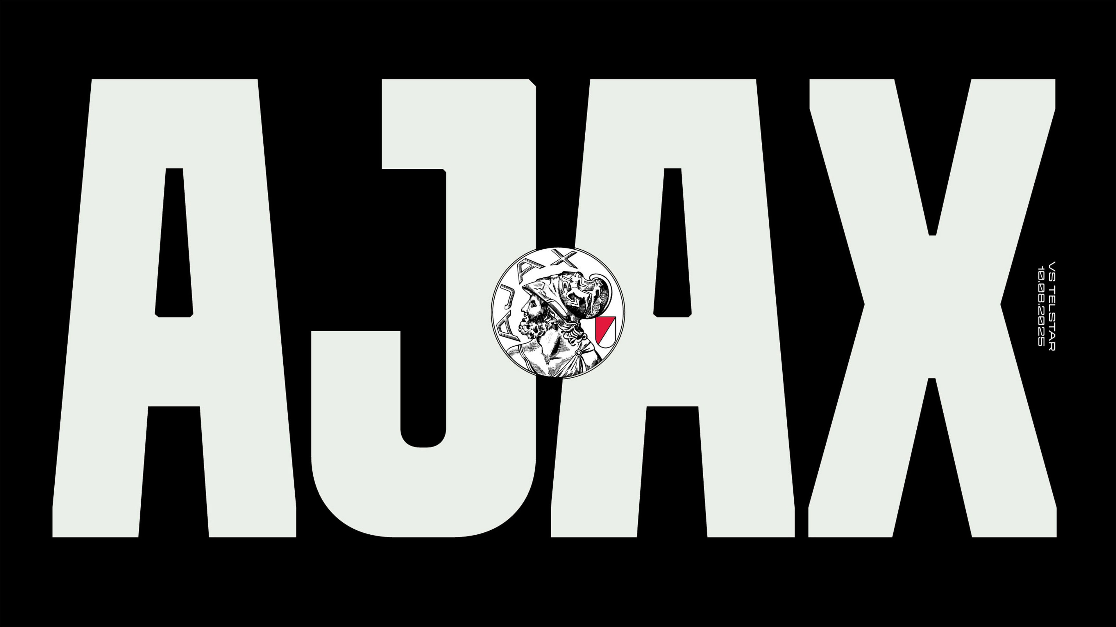 AFC-Ajax-_0012 AJAX logo with bold black and white letters and a central emblem featuring a medieval warrior in profile and a red shield.