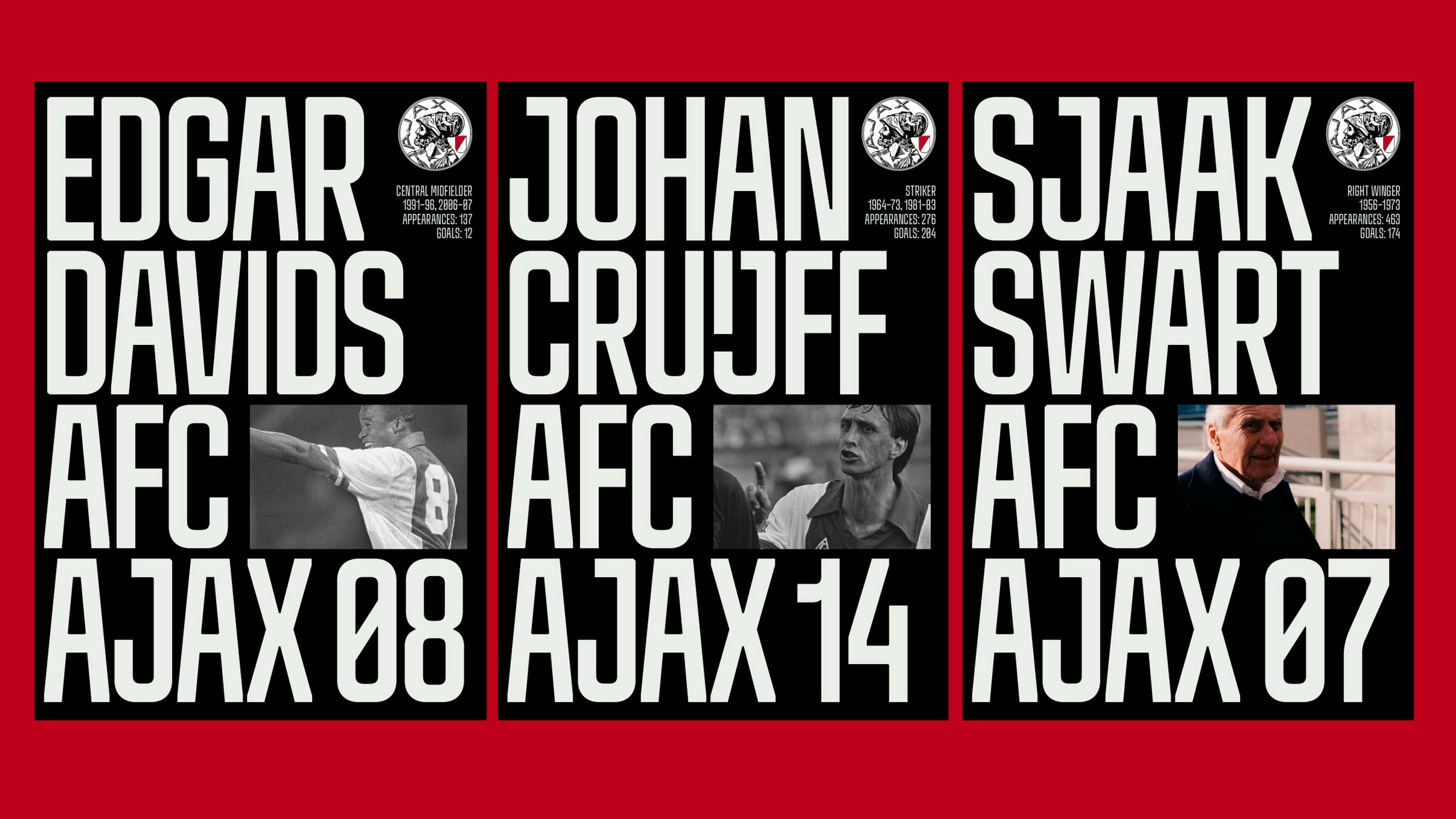 AFC-Ajax-_0023 A collage of black and white football player profiles and a photo of an older man on a red background, highlighting creative design and sports photography.