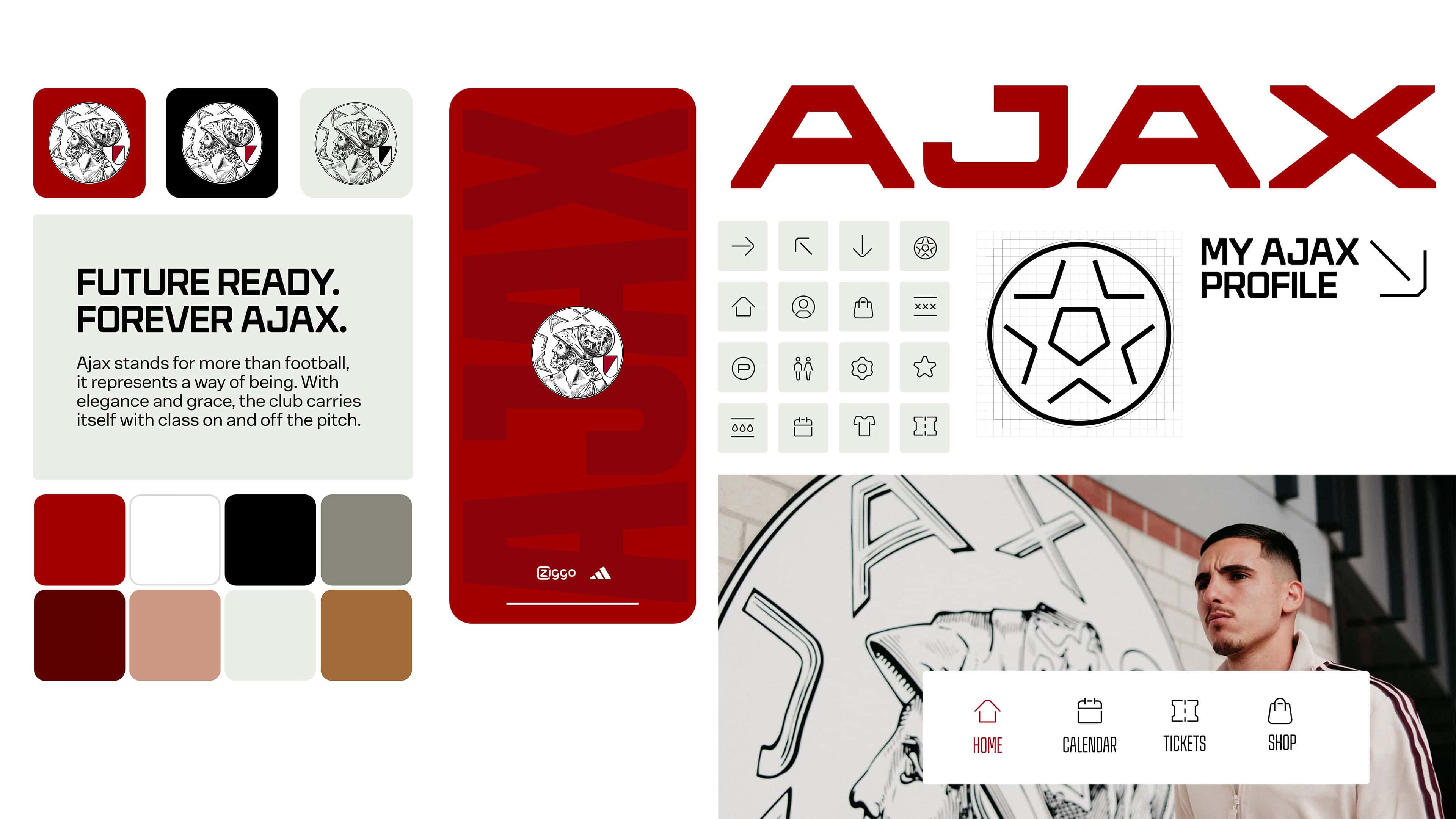 AFC-Ajax-_0031 Minimalist logo design for Ajax football club featuring a stylized emblem and abstract icons representing team spirit and values. Suitable for branding, merchandise, and digital media.