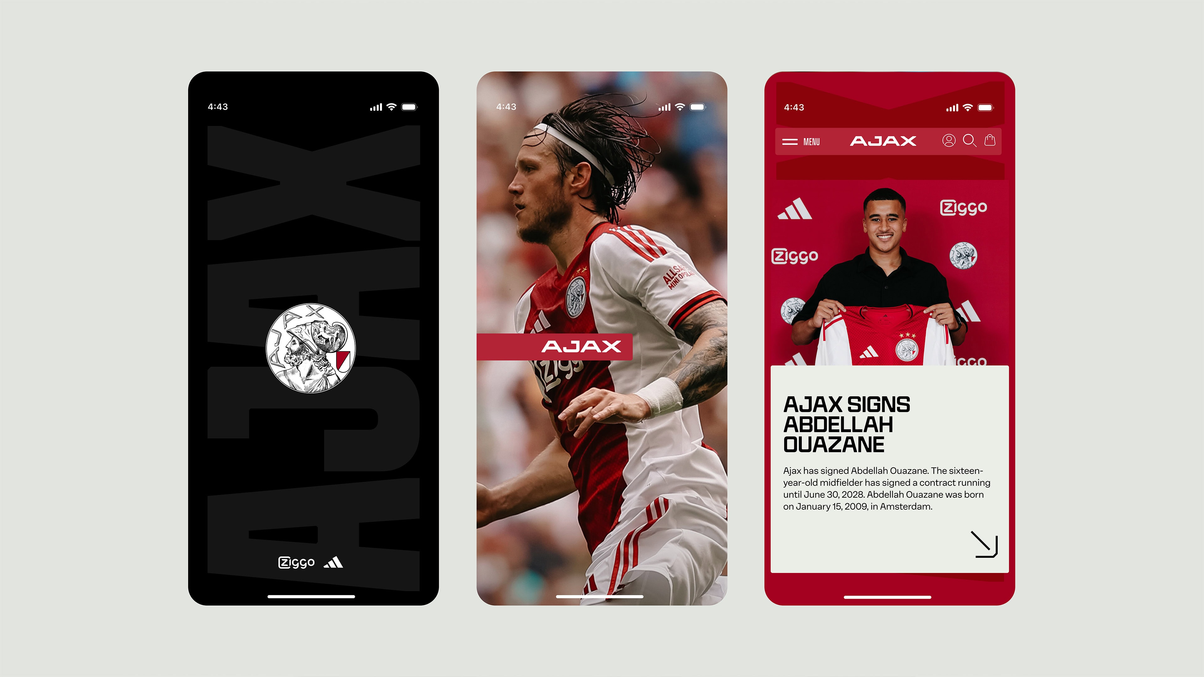 AFC-Ajax-_0035 AJAX football team mobile app interface showcasing team logo, player in action, and signing announcement for Abdellah Ouazane on smartphones.