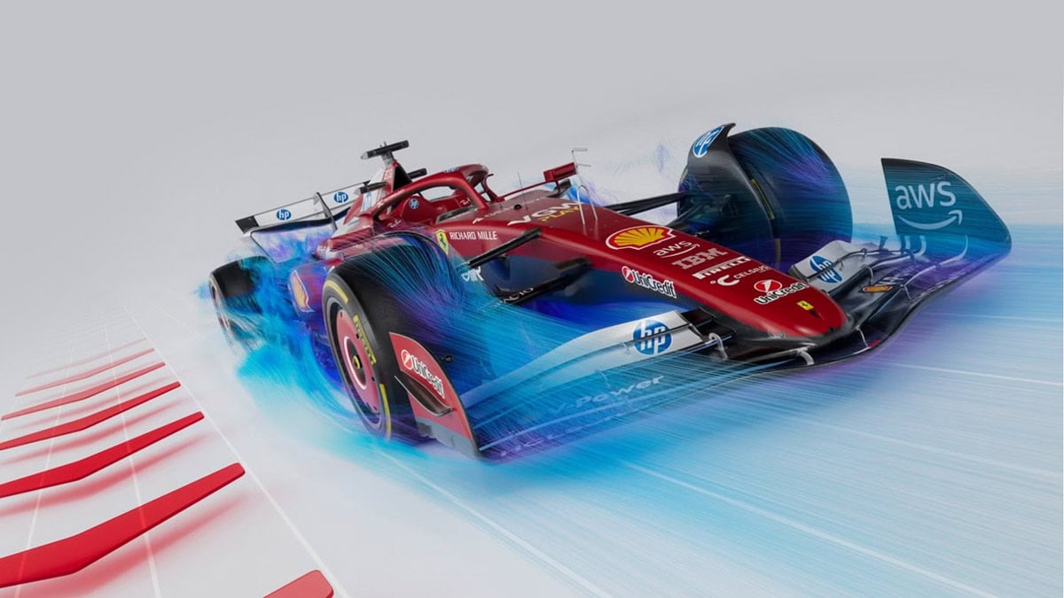 A high-speed Formula 1 race car speeding on the track with vibrant colors and dynamic motion blur.